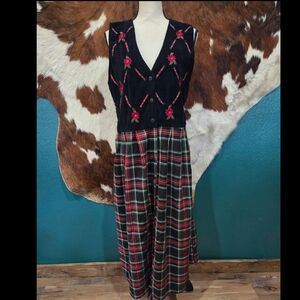 Plaid Maxi Dress with Floral Embroidery